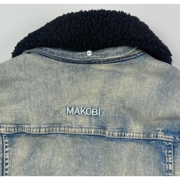 Makobi Mens Small Blue Plaid Full Zip Denim Jean Sherpa Jacket Distressed M1035 - Picture 11 of 11